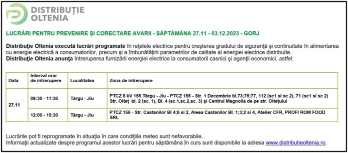 Distribuţie Oltenia anunţă programul de întrerupere a furnizării energiei electrice din data de 27.11.2023