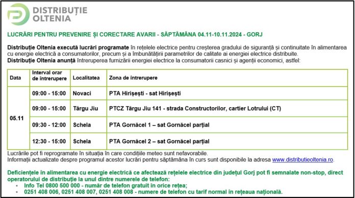 Distribuţie Oltenia anunţă programul de întrerupere a furnizării energiei electrice din data de 05.11.2024