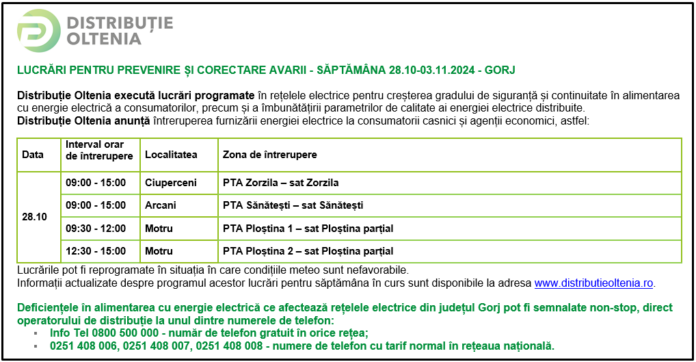 Distribuţie Oltenia anunţă modificări ale programului de întrerupere a furnizării energiei electrice