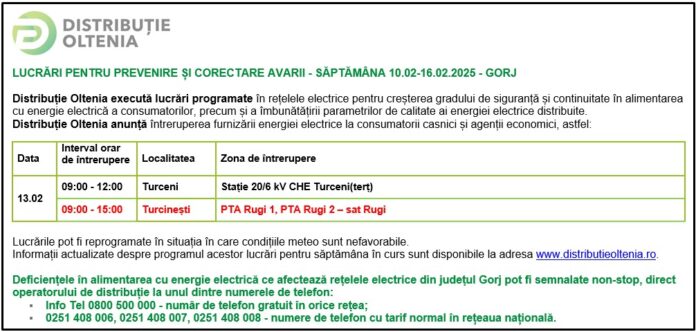 Distribuţie Oltenia anunţă modificări ale programului de întrerupere a furnizării energiei electrice din data de 13.02.2025