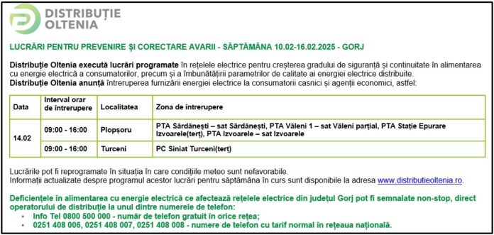 Distribuţie Oltenia anunţă programul de întrerupere a furnizării energiei electrice din data de 14.02.2025