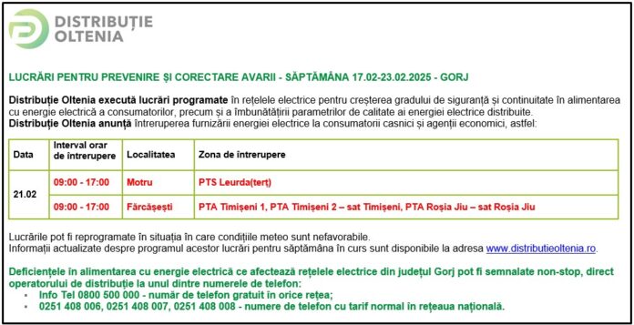 Distribuţie Oltenia anunţă modificări ale programului de întrerupere a furnizării energiei electrice din data de 21.02.2025