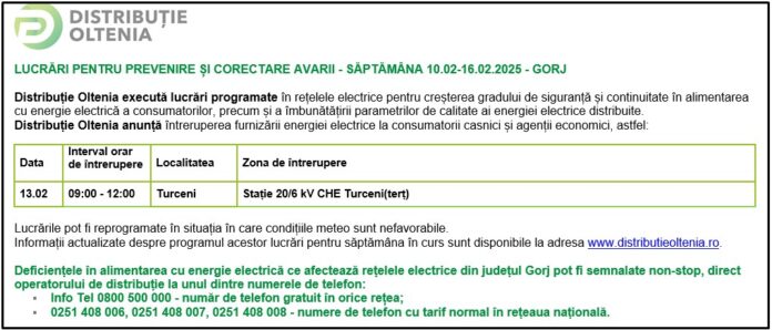 Distribuţie Oltenia anunţă programul de întrerupere a furnizării energiei electrice din data de 13.02.2025