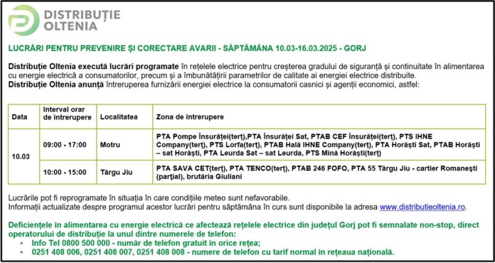 Distribuţie Oltenia anunţă programul de întrerupere a furnizării energiei electrice din data de 10.03.2025