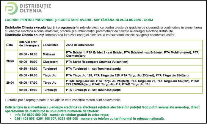 Distribuţie Oltenia anunţă programul de întrerupere a furnizării energiei electrice din data de 28.04.2025 și 29.04.2025
