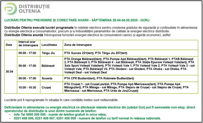 Distribuţie Oltenia anunţă programul de întrerupere a furnizării energiei electrice din data de 30.04.2025