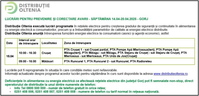 Distribuţie Oltenia anunţă programul de întrerupere a furnizării energiei electrice din data de 15.04.2025