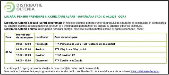 Distribuţie Oltenia anunţă programul de întrerupere a furnizării energiei electrice din data de 09.04.2025