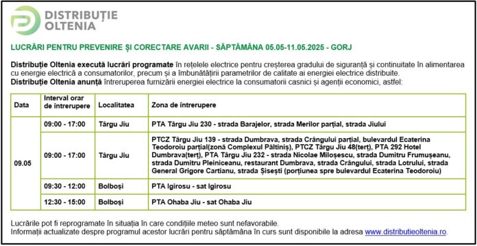 Distribuţie Oltenia anunţă programul de întrerupere a furnizării energiei electrice din data de 09.05.2025