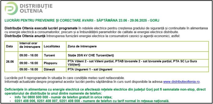 Distribuţie Oltenia anunţă programul de întrerupere a furnizării energiei electrice din data de 26.06.2025