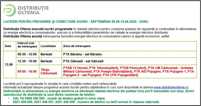 Distribuţie Oltenia anunţă modificări ale programului de întrerupere a furnizării energiei electrice din data de 13.06.2025