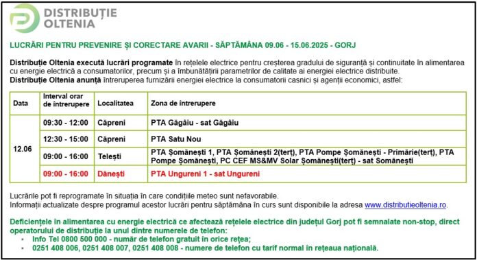 Distribuţie Oltenia anunţă modificări ale programului de întrerupere a furnizării energiei electrice din data de 12.06.2025
