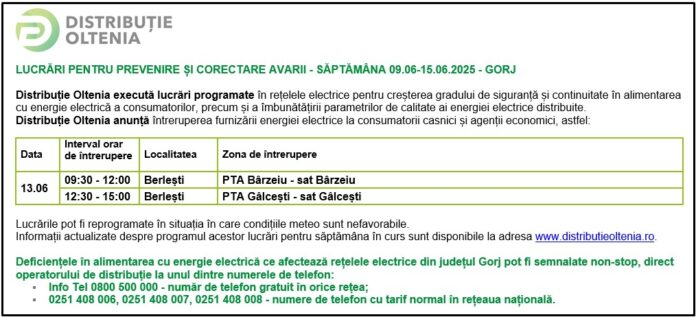 Distribuţie Oltenia anunţă programul de întrerupere a furnizării energiei electrice din data de 13.06.2025