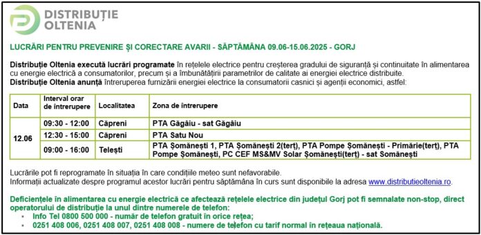Distribuţie Oltenia anunţă programul de întrerupere a furnizării energiei electrice din data de 12.06.2025