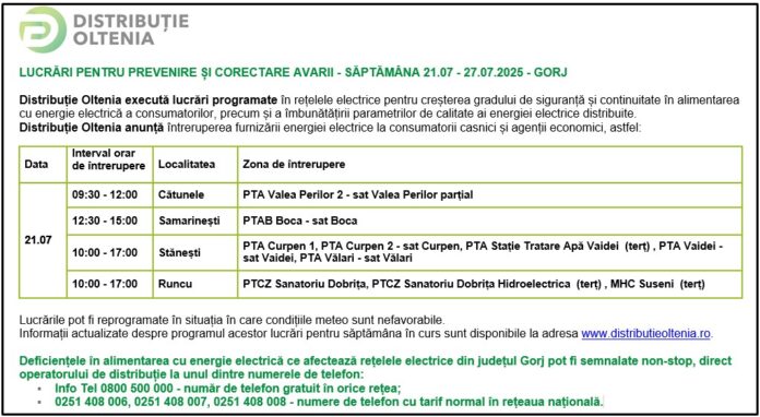Distribuţie Oltenia anunţă programul de întrerupere a furnizării energiei electrice din data de 21.07.2025