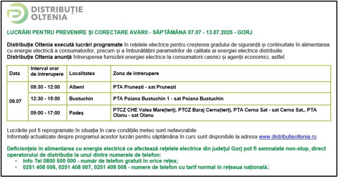 Distribuţie Oltenia anunţă programul de întrerupere a furnizării energiei electrice din data de 09.07.2025