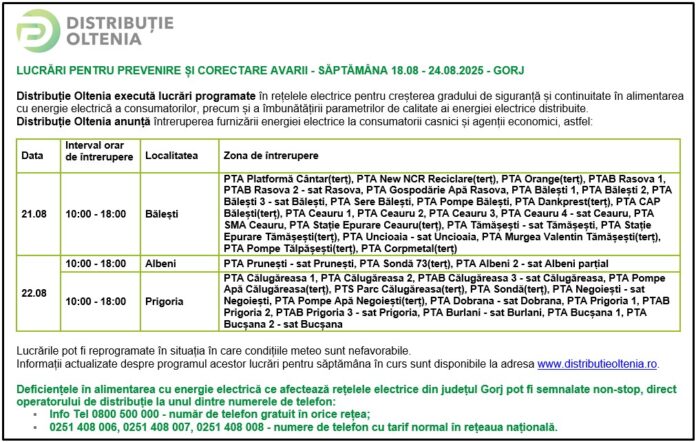 Distribuţie Oltenia anunţă programul de întrerupere a furnizării energiei electrice din data de 21.08.2025 și 22.08.2025