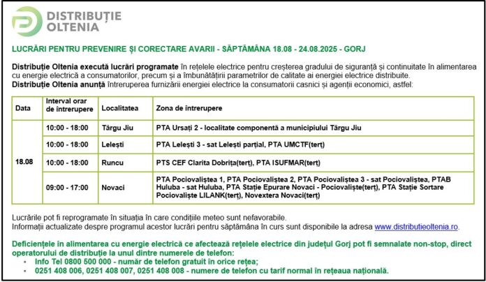 Distribuţie Oltenia anunţă programul de întrerupere a furnizării energiei electrice din data de 18.08.2025