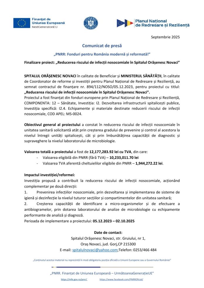 Finalizare proiect: „Reducerea riscului de infecții nosocomiale în Spitalul Orășenesc Novaci”