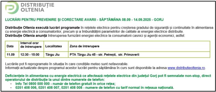 Distribuţie Oltenia anunţă programul de întrerupere a furnizării energiei electrice din data de 11.09.2025