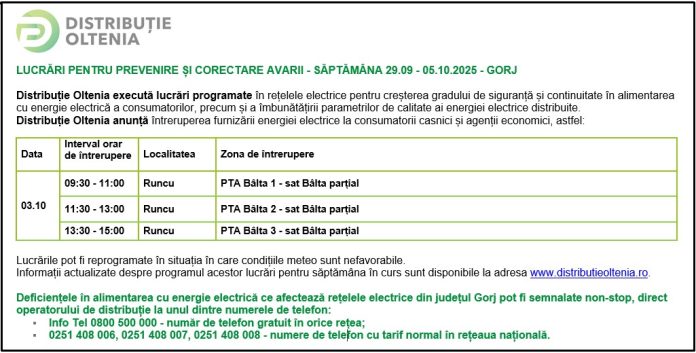 Distribuţie Oltenia anunţă programul de întrerupere a furnizării energiei electrice din data de 03.10.2025