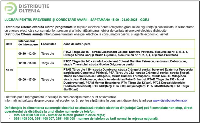 Distribuţie Oltenia anunţă programul de întrerupere a furnizării energiei electrice din data de 18.09.2025