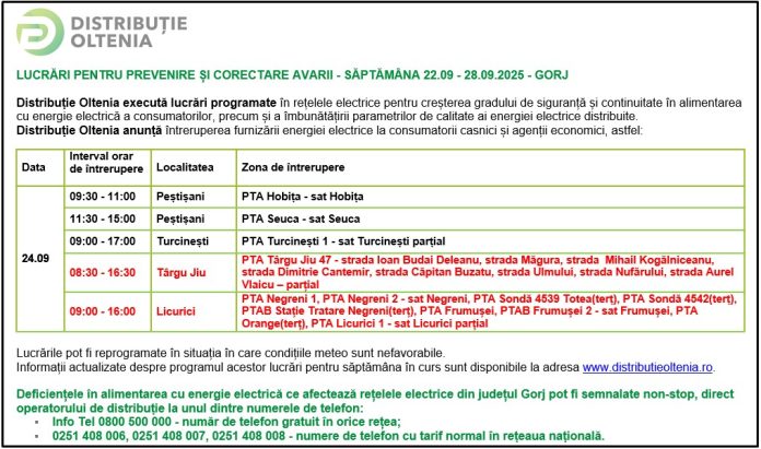 Distribuţie Oltenia anunţă modificări ale programului de întrerupere a furnizării energiei electrice din data de 24.09.2025