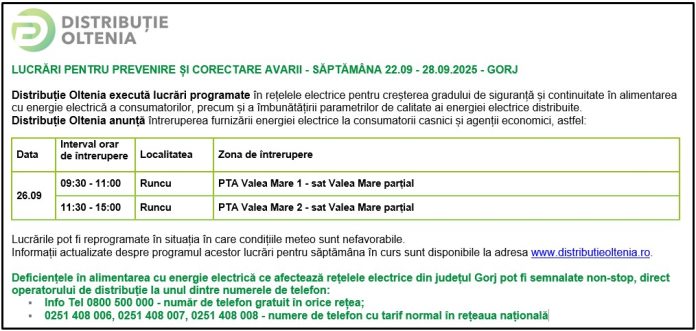 Distribuţie Oltenia anunţă modificări ale programului de întrerupere a furnizării energiei electrice din data de 26.09.2025