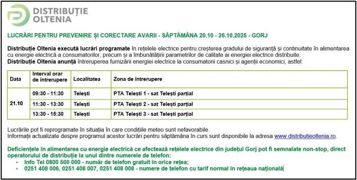 Distribuţie Oltenia anunţă programul de întrerupere a furnizării energiei electrice din data de 21.10.2025