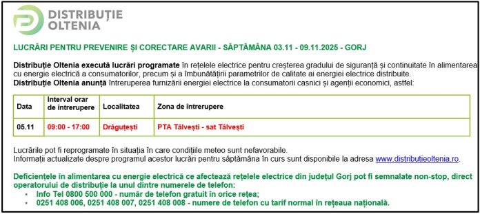 Distribuţie Oltenia anunţă modificări ale programului de întrerupere a furnizării energiei electrice din data de 05.11.2025