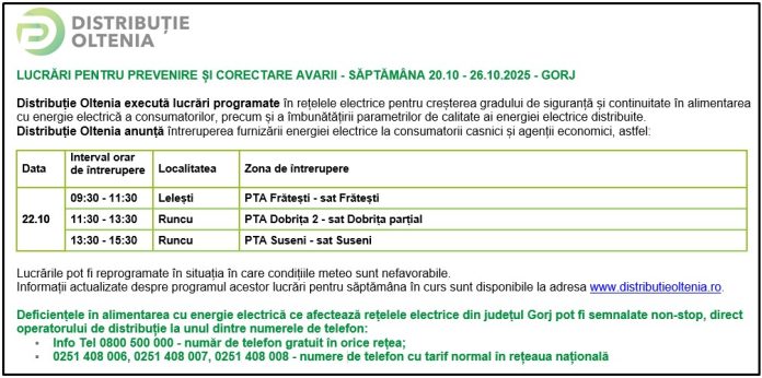 Distribuţie Oltenia anunţă programul de întrerupere a furnizării energiei electrice din data de 22.10.2025