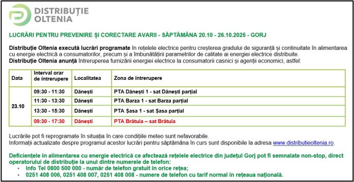 Distribuţie Oltenia anunţă modificări ale programului de întrerupere a furnizării energiei electrice din data de 23.10.2025