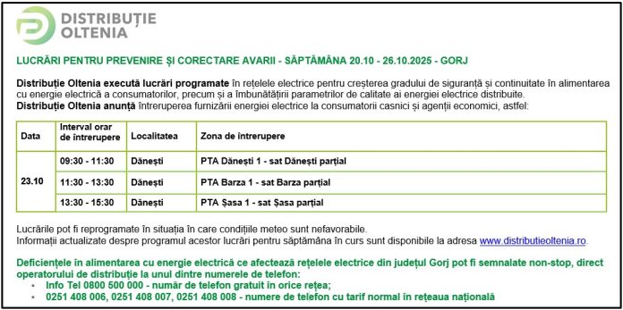 Distribuţie Oltenia anunţă programul de întrerupere a furnizării energiei electrice din data de 23.10.2025