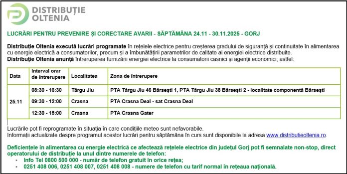 Distribuţie Oltenia anunţă programul de întrerupere a furnizării energiei electrice din data de 25.11.2025
