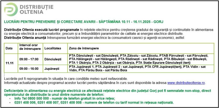 Distribuţie Oltenia anunţă programul de întrerupere a furnizării energiei electrice din data de 11.11.2025