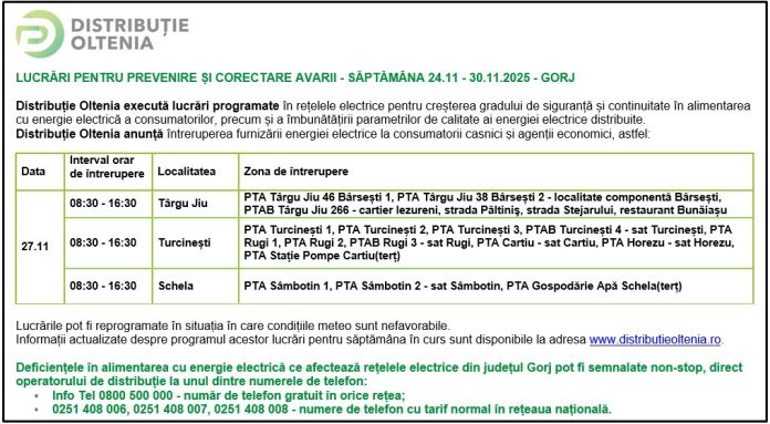 Distribuţie Oltenia anunţă programul de întrerupere a furnizării energiei electrice din data de 27.11.2025