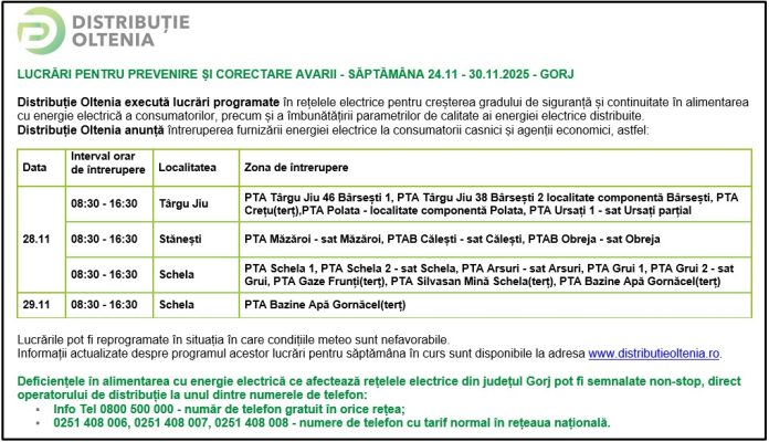 Distribuţie Oltenia anunţă programul de întrerupere a furnizării energiei electrice din data de 28.11.2025 și 29.11.2025