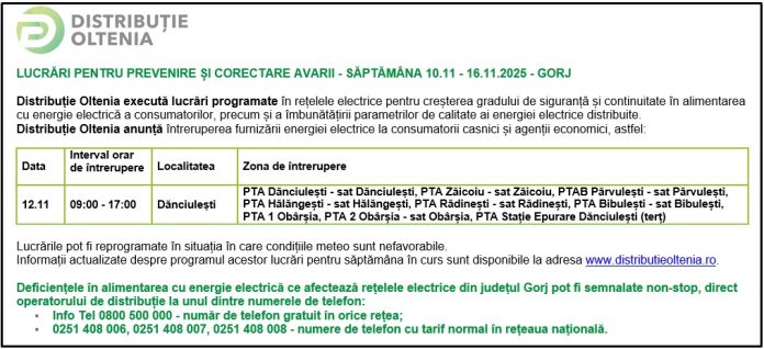 Distribuţie Oltenia anunţă programul de întrerupere a furnizării energiei electrice din data de 12.11.2025