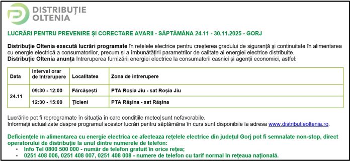 Distribuţie Oltenia anunţă modificări ale programului de întrerupere a furnizării energiei electrice din data de 24.11.2025