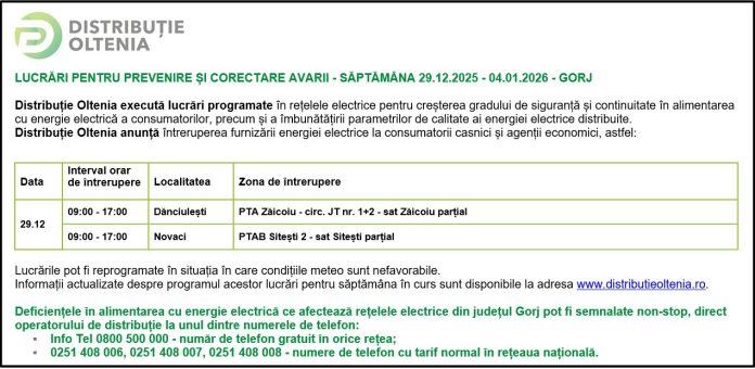 Distribuţie Oltenia anunţă programul de întrerupere a furnizării energiei electrice din data de 29.12.2025