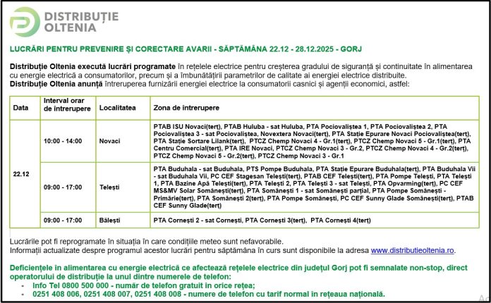 Distribuţie Oltenia anunţă programul de întrerupere a furnizării energiei electrice din data de 22.12.2025
