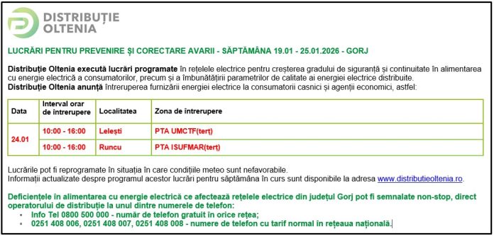 Distribuţie Oltenia anunţă modificări ale programului de întrerupere a furnizării energiei electrice din data de 24.01.2026