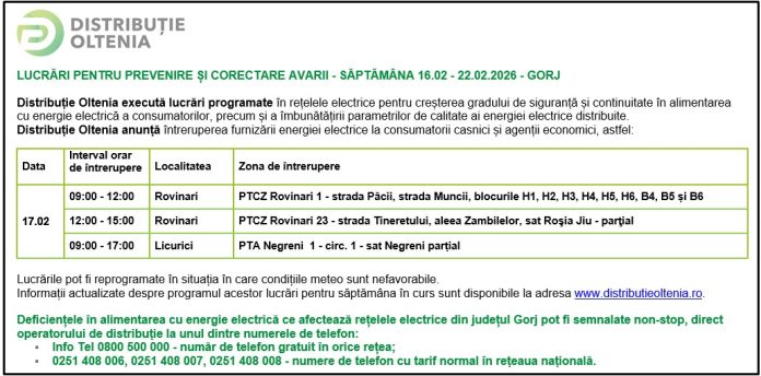 Distribuţie Oltenia anunţă programul de întrerupere a furnizării energiei electrice din data de 17.02.2026