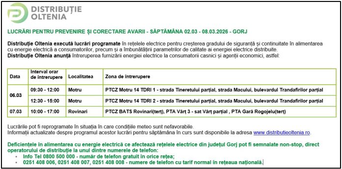Distribuţie Oltenia anunţă programul de întrerupere a furnizării energiei electrice din data de 06.03.2026 și 07.03.2026