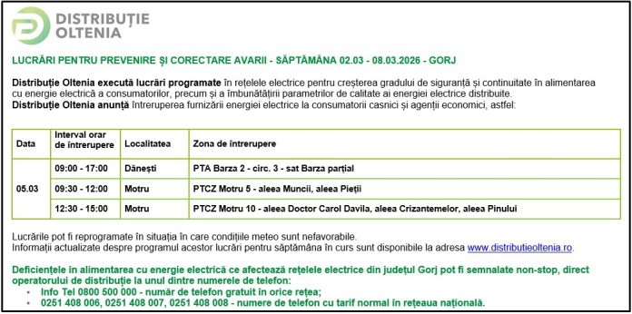 Distribuţie Oltenia anunţă programul de întrerupere a furnizării energiei electrice din data de 05.03.2026
