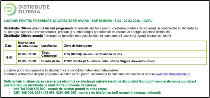 Distribuţie Oltenia anunţă programul de întrerupere a furnizării energiei electrice din data de 18.03.2026
