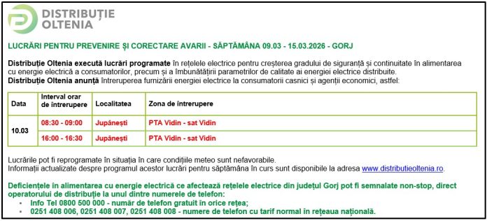 Distribuţie Oltenia anunţă modificări ale programului de întrerupere a furnizării energiei electrice din data de 10.03.2026