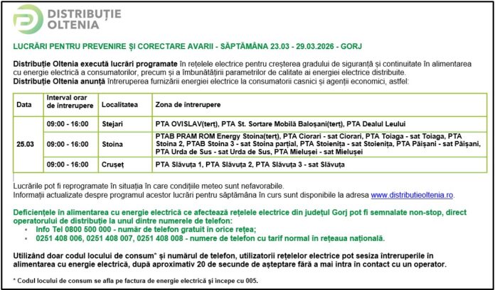 Distribuţie Oltenia anunţă programul de întrerupere a furnizării energiei electrice din data de 24.03.2026
