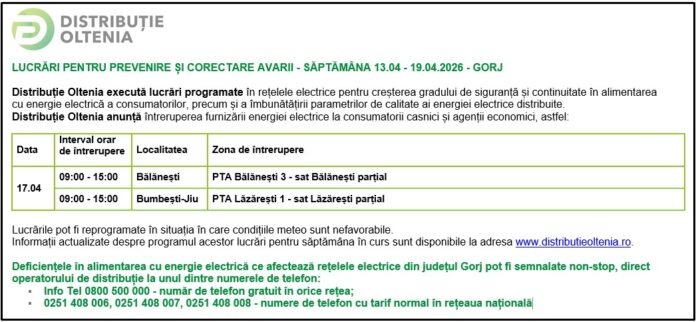 Distribuţie Oltenia anunţă programul de întrerupere a furnizării energiei electrice din data de 17.04.2026