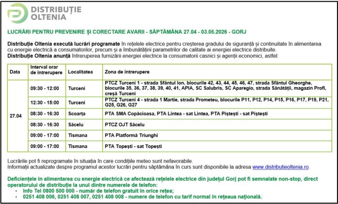 Distribuţie Oltenia anunţă programul de întrerupere a furnizării energiei electrice din data de 27.04.2026